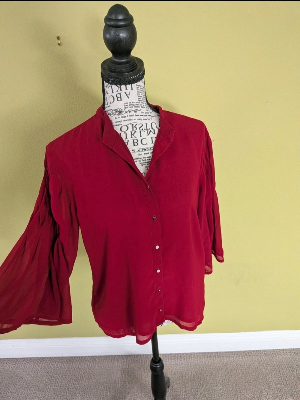 Women's Red Button-Front Blouse with Pleated Sleeves